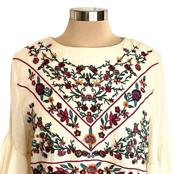 Umgee Cream Boho Bliss Embroidered Dress Sz LARGE Hippie Fairy Peasant Babydoll - Picture 4 of 10